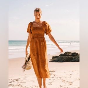 Rove Burnt Orange Smocked Linen Dress NWOT 2X